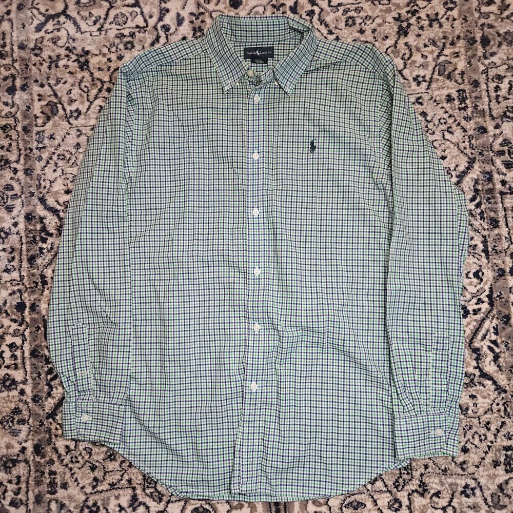 Ralph Lauren Gingham Button Down Shirt Green Boys XL 18-20 Preppy Minimalist